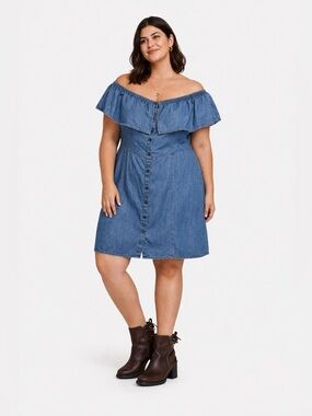 Tommy Hilfiger Denim Off Shoulder Dress Size 16 | Ruffle Neck | Medium Wash Blue